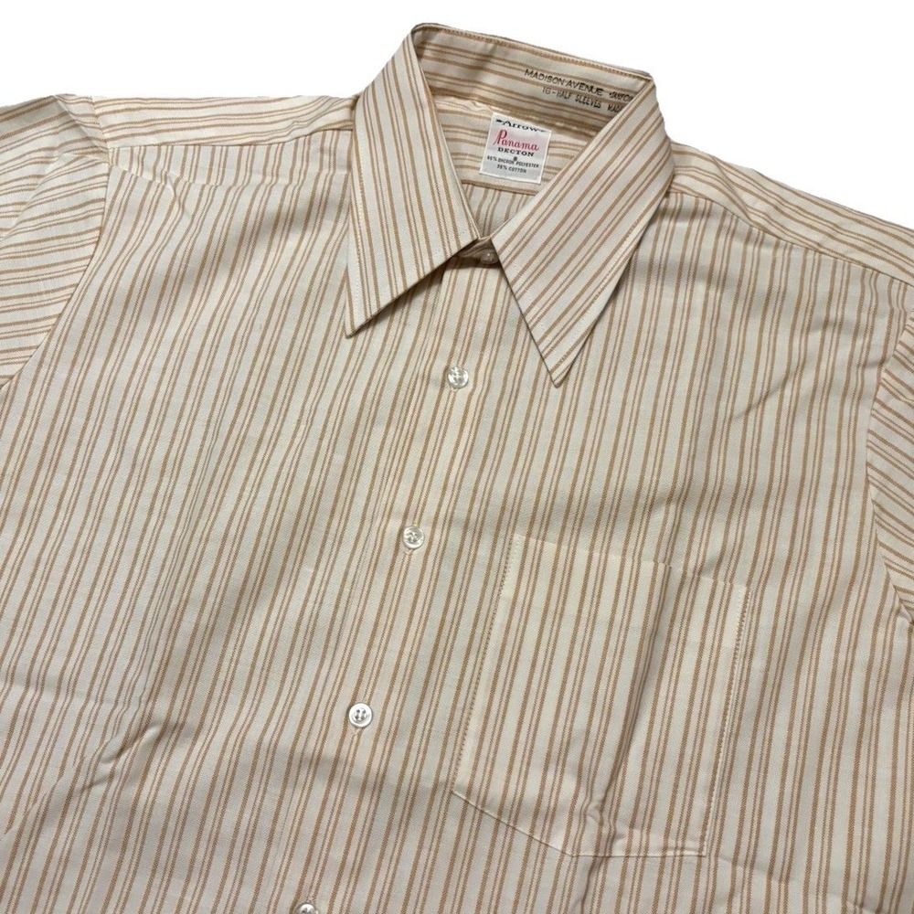 Vtg 60s Arrow Sanforized Button Up Short Sleeve Shirt Men 16.5 Orange Stripe USA